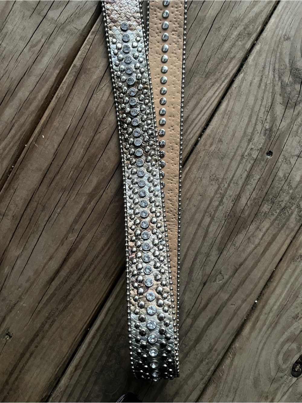 Embellished Rhinestone Leather Belt - Beige & Silver